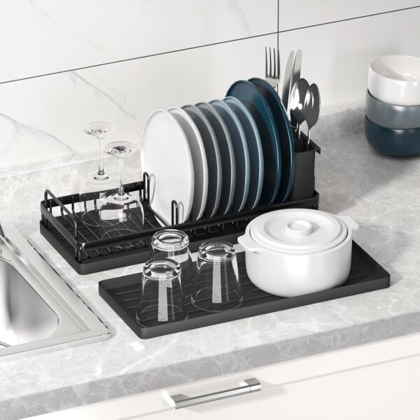 Small Dish Drying Rack, Compact Sink Dish Rack with 2pcs Silicone Drying Mats, Dish Drainer Kitchen Dish Organizer Sponges Holder for Kitchen Counter, Bar, Bottle, Cup - Image 2