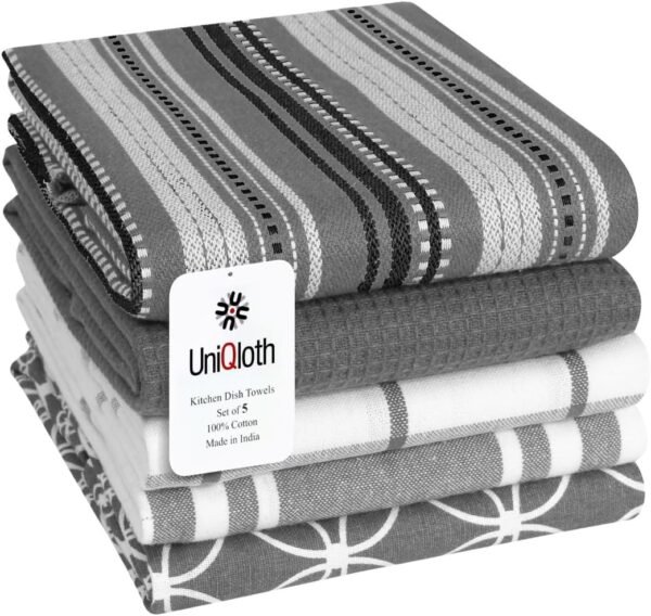 Assorted Kitchen Towels Cotton Set of 5 Large 16x26 inches - Dish Cloths Cleaning Towels with Hanging Loop - Soft Absorbent Tea Towels for Kitchen - Quick Drying Dish Towels Grey