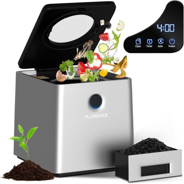 Electric Kitchen Composter, 3L Large Capacity with Visual Lid and LED Display, Turn Food Waste into Dry Compost, Intelligent Grinding Level Auto Stop, Low Noise, Automatic Cleaning