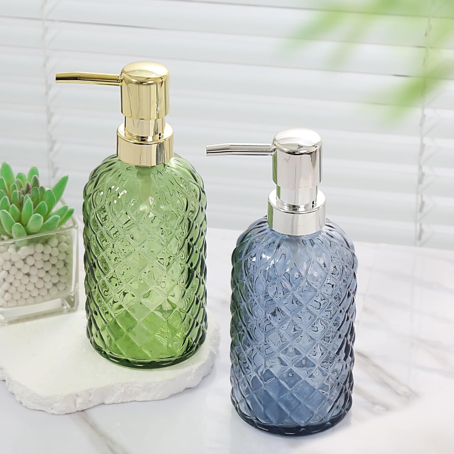 Hand Soap Dispenser, Bathroom Glass Soap Dispenser, 16 Oz Blue Dish Soap Dispenser for Kitchen with Sliver Plastic Pump, Refillable Liquid Lotion Bottle Container, Modern Bathroom Accessories - Image 6