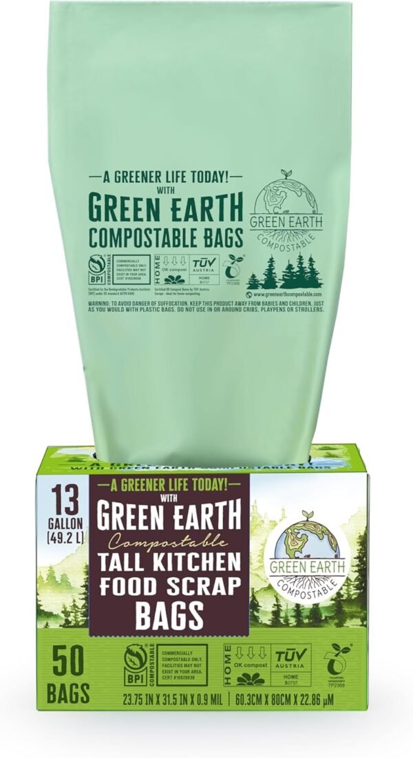 Green Earth Compostable Tall Kitchen Food Scrap Waste Bags, 13 Gallon, 49 Liter, 50-Count, Superior Strength 0.9 Mil Thickness, ASTM D6400, US BPI & Europe OK Compost Home Certified, USA - Image 3