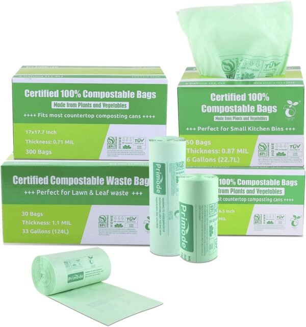 Primode Compostable Bags, 6 Gallon Food Scraps Yard Waste Bags, 100 Count, Extra Thick 0.87 Mil. ASTMD6400 Compost Bags Small Kitchen Trash Bags, Certified By BPI And TÜV AUSTRIA, - Image 6