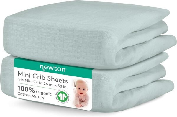 Newton Baby Mini Crib Fitted Sheets (2-Pack) | Organic Muslin Cotton, 100% Breathable & Soft Baby Sheets, Machine Washable Baby Mattress Sheets, Fits Any Mini Sized Crib 24" x 38", Sage