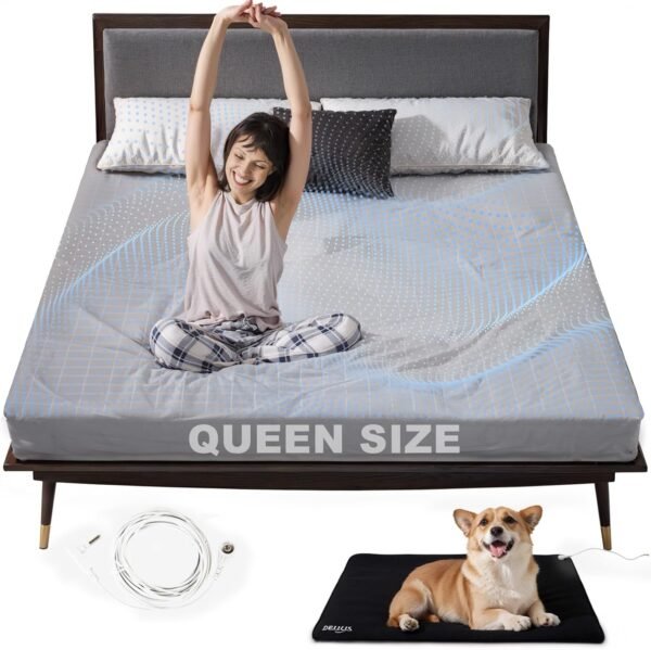 Grounding Sheets with Grounding Mat, 95% Organic Cotton + 5% Pure Silver Fiber, Grounding Sheet Earth Connected Bedding Fitted Earth Sheets with Grounding Cord (Gray, Queen-60"x 80"×15’’)