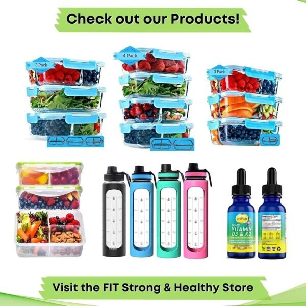 FIT Strong & Healthy 2 & 3 Compartment Glass Meal Prep Containers (4 Pack, 32 oz) - Food Storage Containers with Lids, Bento Box , Portion Control, Airtight, Oven & Freezer safe - Image 8