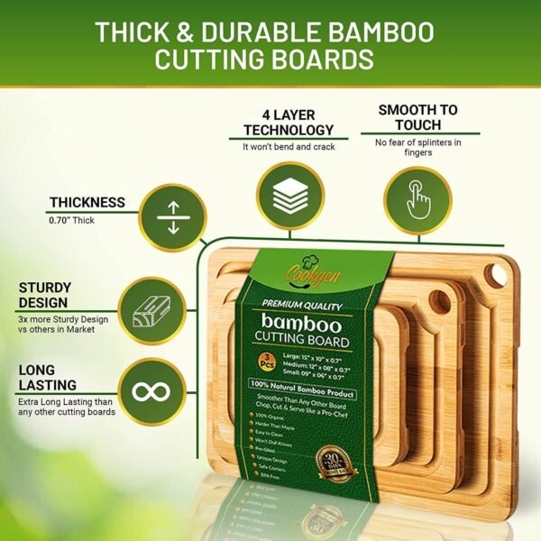 Bamboo Cutting Board Set of 3, Wood Cutting Boards in Large, Medium & Small Size, Organic Wooden Cutting Boards for Kitchen, Vegetable & Meat Cutting Board, Cutting Board with Juice Groove & Handles - Image 3