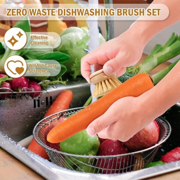Bamboo Dish Brush,6 Replacement Heads,Natural Washing Up Brushes Heads,Soft Sisal Bristle Dish Scrubber, Dish Scrub Brush Replacement Brush Refill,Palm Brush for Kitchen Cleaning Pots Pans - Image 5