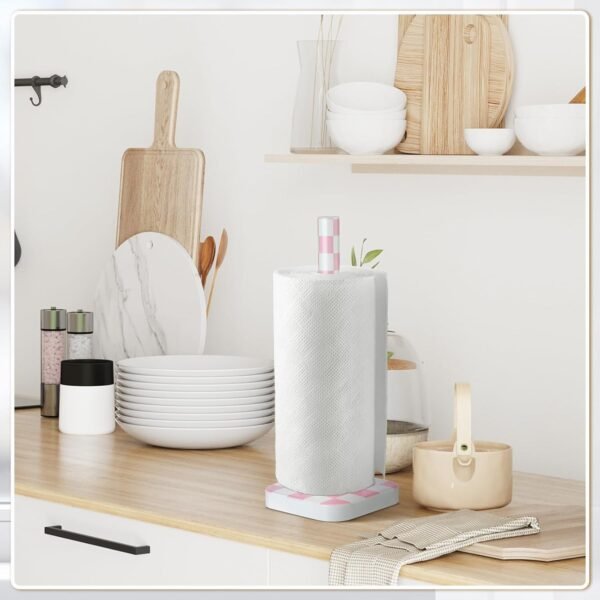 Black and White Checkerboard Paper Towel Holder Wood Paper Towel Stand Wooden Paper Towel Dispenser with Anti Skid Base for Kitchen Bathrooms Countertop (Pink) - Image 6