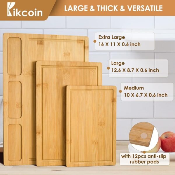 Bamboo Cutting Boards for Kitchen, (Set of 3) Kitchen Chopping Board with 3 Built-In Compartments and Juice Groove Heavy Duty Serving Tray Wood Butcher Block and Wooden Carving Board, Kikcoin - Image 3
