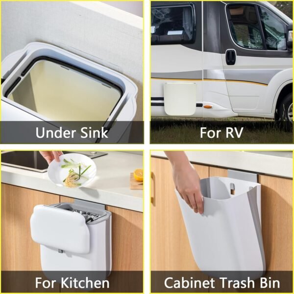 Soddeph 3.2 Gallon Foldable Hanging Trash Can with Lid for Cabinet Door,Kitchen Compost Bin,Wall-Mounted Plastic Garbage Can for Countertop or Under Sink, Bathroom and RV (Beige with lid) - Image 7