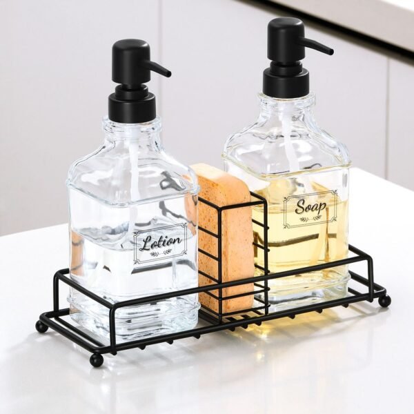 Shinowa Kitchen Soap Dispenser Set, Hand and Dish Soap Dispenser Set with Tray, 2-Pack Thick Glass Soap Dispenser for Kitchen & Bathroom, Soap and Lotion Dispenser Set Kit with Pump