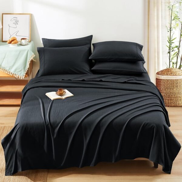 Manyshofu 70% Rayon Derived from Bamboo Sheets Queen Size Bed Sheets - 6 Piece Organic Cooling Sheets Silky Black Queen Sheet Set - Soft Breathable Luxury Bedding Sheets & Pillowcases - Image 2