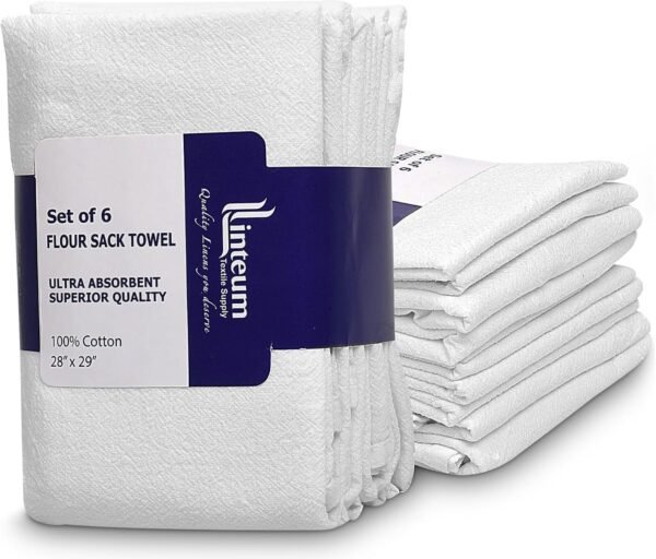 Linteum Textile Classic White Flour Sack Kitchen Dish Towels 100% Cotton, Tea Towels Absorbent and Long Lasting Material 6 Pack - 28x29 in
