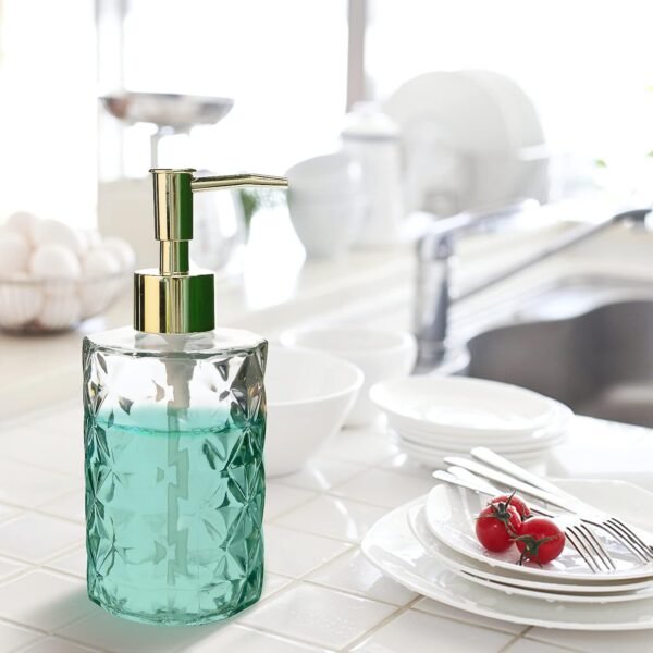 Clear Glass Soap Dispenser, 2 Pack / 11 Oz Liquid Hand Soap Dispenser Set for Kitchen Sink and Bathroom, Dish Soap Dispenser Set Jar Lotion Glass Soap Dispenser Bottles with Gold Plating Pump - Image 4