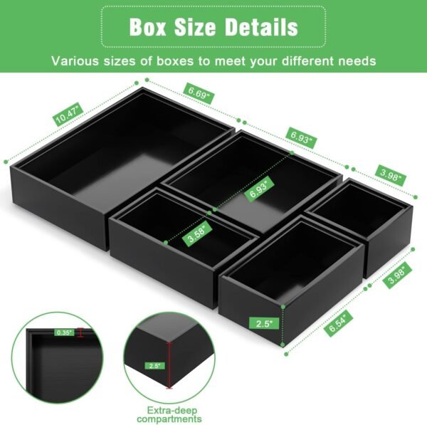 Black Bamboo Bathroom Drawer Organizer, Wooden Kitchen Utensil Holder Set of 5, Stackable Junk Drawer Organizer Tray, Multi-Use Storage Bins Boxs Dividers for Home, Office, Clothing, Makeup, Jewelry - Image 2