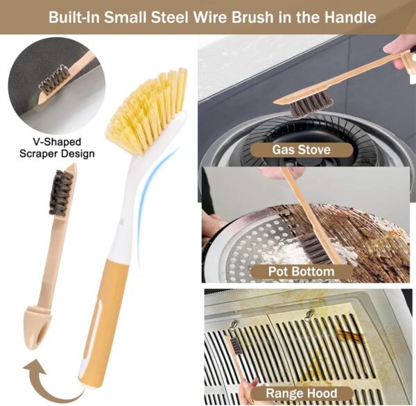 Dish Brush with Detachable Small Steel Wire Brush and Pan Scraper, Home Kitchen Scrub Brushes with Long Handle for Household Cleaning Dishes, Pots, Stovetop, Grill, Sink Scrubber (2-Pack) - Image 5