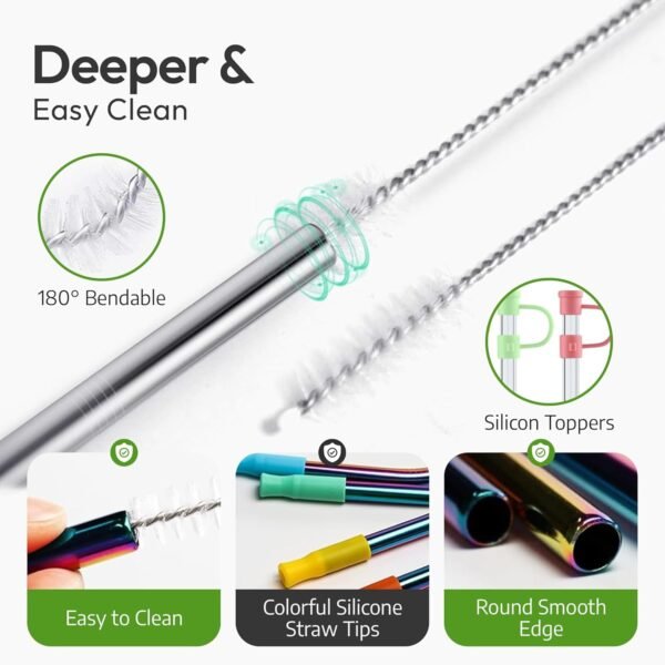 Reusable Stainless Steel Drinking Straws With Silicone Tips, Toppers, Cleaning Brushes & Travel Case Premium Quality 10.5" & 8.5" Straight and Bent Metal Straws Fit For 20, 24, 30 OZ Tumbler (Silver) - Image 4