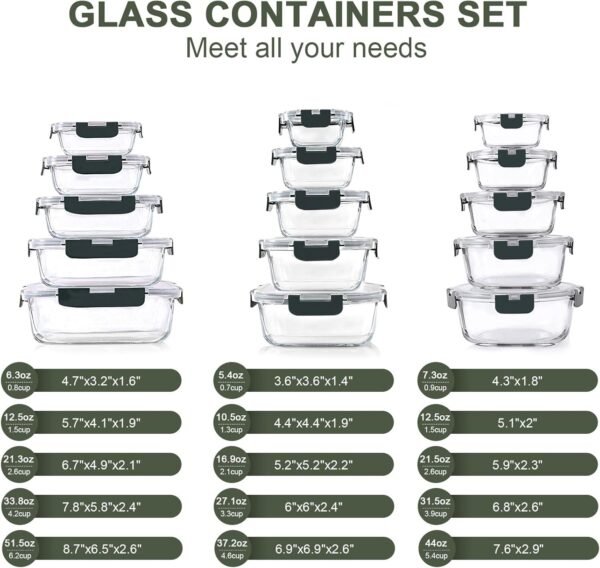 KOMUEE 30 Pieces Glass Food Storage Containers Set, Glass Meal Prep Containers Set with Snap Locking Lids, Airtight Glass lunch Containers for Microwave, Oven, Freezer & Dishwasher,Gray - Image 2