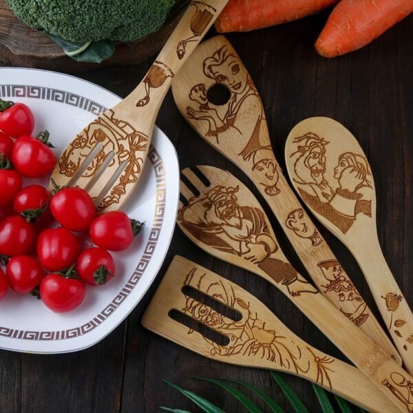 Beauty and the Beast Burned Wooden Spoons Cooking &Serving Utensils Set Bamboo Spoon Slotted Kitchen Utensil Fun Gift Idea Warming Present (Set of 5) - Image 5
