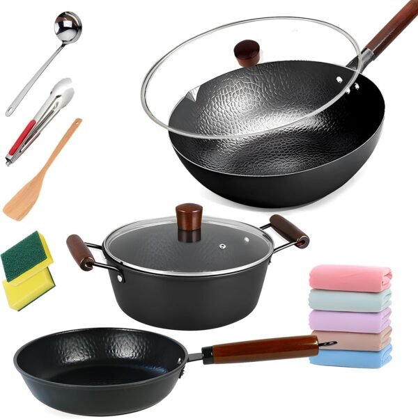 pots and Pans Set,15Pcs Pots and Pans Set Non Stick Iron Pots Stock Pot with Lids Dishwasher Kitchen Cookware Sets with 2 Sponges 5 Dishcloths Turner Spoon Tongs