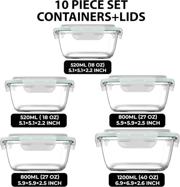 Razab 10 Pcs Glass Food Storage Containers with Lids – 40, 27, 17 Oz | Airtight Glass Storage Containers, BPA-Free meal prep containers reusable glass - Leakproof Kitchen Containers for Organizing - Image 2