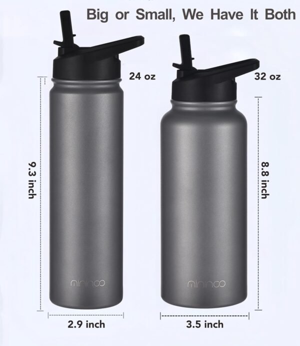 mininoo 24 oz Insulated Water Bottle with Straw, Stainless Steel Double Wall Vacuum Thermos with Straw Lid & Chug Lid, Leak Proof, BPA Free, Keep Cold for 24H & Hot for 12H-2 pack(Grey) - Image 7