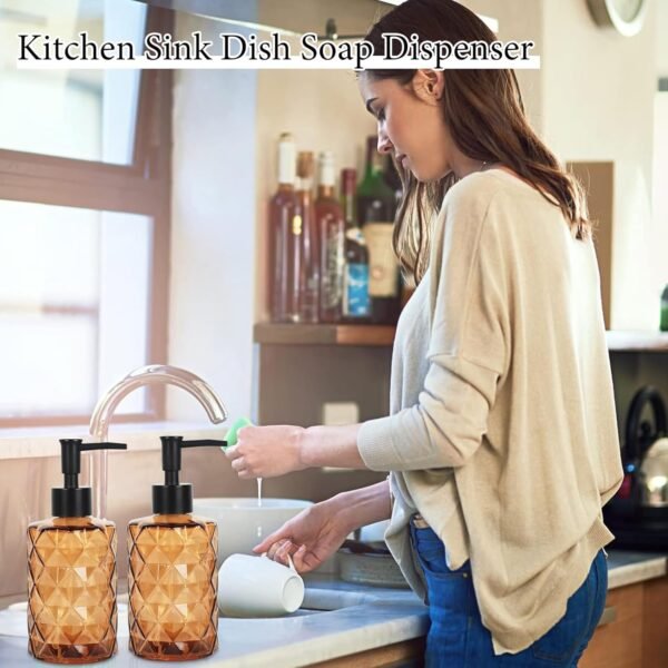 Glass Soap Dispenser, 2pcs Hand Soap Dispensers, Glass Bottle with Plastic Pump, Kitchen Dish Soap Dispenser Set for Bathroom, Hand Soap Dispenser for Liquid, Lotion, Essential Oil (Amber) - Image 8