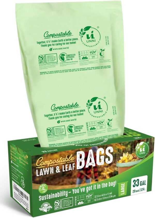 UNNI Compostable Lawn & Leaf Liner Bags, 30-33 Gallon, 124 Liter, 1.1 Mil Extra Thick, 20 Count, Yard Waste & Food Scraps Disposal, ASTM D6400, US BPI, CMA and OK compost HOME Certified