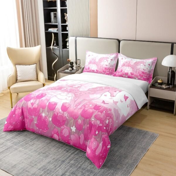 Cartoon Unicorn Princess 100% Organic Cotton Comforter Cover (Not Comforter)Tulip Flowers Glitter Stars Castle Duvet Cover Set Queen Size for Bedroom Kawaii Animal Pink Bedding Set with 2 Pillowcases - Image 2