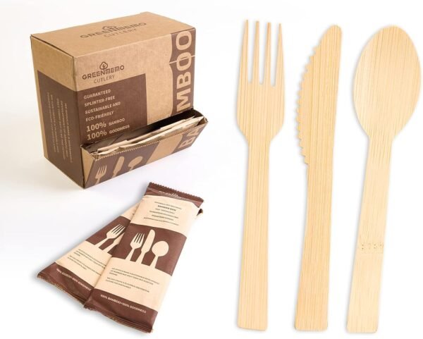 Disposable Bamboo Utensils,Natural Bamboo Utensils 150 Pcs (50 Forks, 50 Spoons, 50 Knives) Biodegradable Compostable Cutlery, Reusable Bamboo Flatware for Gatherings, Camping, Picnic, Parties