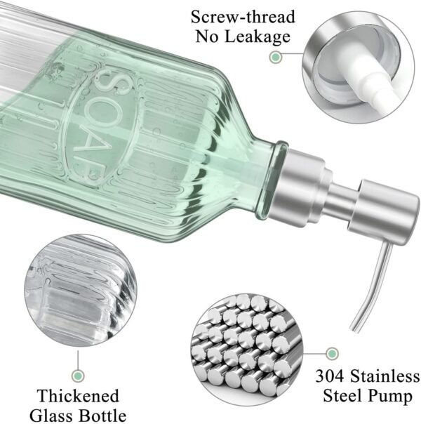 Glass Dish Soap Dispenser - Refillable Kitchen Hand Pump for Rust Proof Stainless Steel Countertop, Clear Liquid Bathroom Dispenser - Image 2
