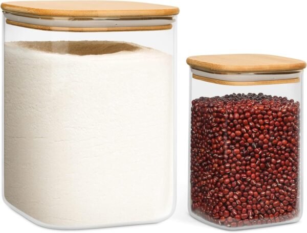 ComSaf Glass Food Storage Containers, 122/37 oz Glass Flour and Sugar Containers with Airtight Lids, Large Square Glass Jars with Bamboo Lids for Rice, Pasta, Oats, Grains, Cookies, Snacks, Candy