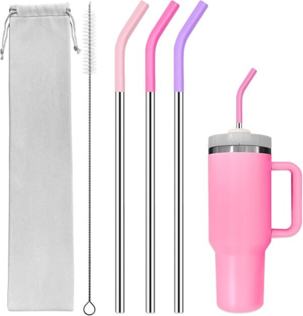 Set of 3 Stainless Steel Straws for 40 Oz Tumbler,For Stanley 40 Oz Tumbler, Reusable Metal Straw with 6 Silicone Tips and 1 Straw Cleaning Brush (Light Pink, Pink, Purple, 40 Straight Straw)
