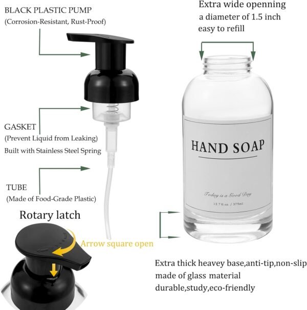 rejomiik Foaming Soap Dispenser Thick Glass Foam for Bathroom or Kitchen Sink, 12.7 oz Clear Pump Bottles for Hand soap, Body Wash, Black 2 Pack - Image 4