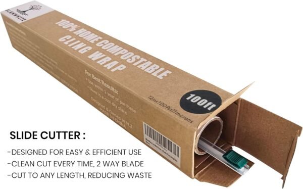 BlknWhite Certified Compostable Cling Wrap with Slide Cutter - 12" Wide x 100 feet. ASTM 6400 Certified Cling Wrap. Great Alternative to Beeswax Wraps or Plastic Wrap. - Image 3