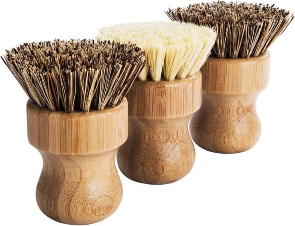 Palm Pot Brush- Bamboo Round 3 Packs Mini Dish Brush Natural Scrub Brush Durable Scrubber Cleaning Kit with Union Fiber and Tampico Fiber for Cleaning Pots, Pans and Vegetables - Image 4