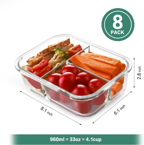 HOMBERKING 8 Pack Glass Meal Prep Containers 3 Compartment, 36oz Glass Food Storage Containers with Lids, Airtight Glass Lunch Bento Boxes, BPA-Free & Leak Proof (8 lids & 8 Containers) - Black - Image 2