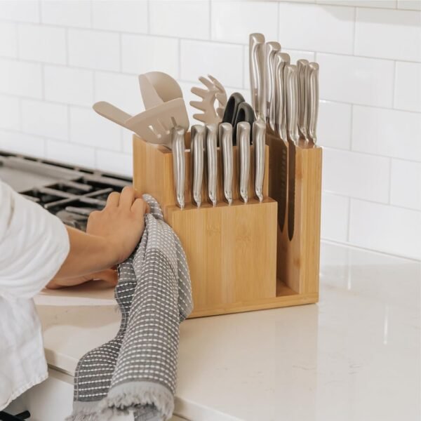 Bamboo Magnetic Knife Block and Cooking Utensil Holder, Sleek Storage for Chefs Knives, Steak Knives, Spatulas, Scissors, Non-Slip Rubber Feet, Easy to Clean, Kitchen Countertop Organizer - Image 9