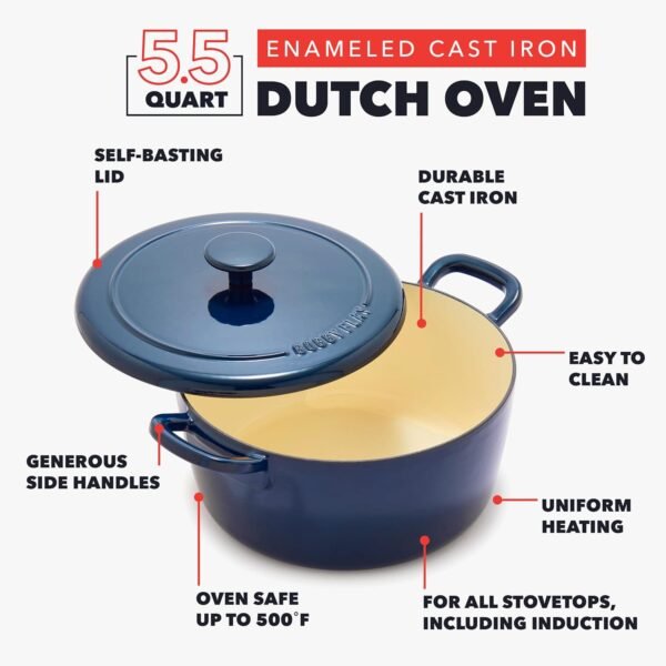 GreenPan x Bobby Flay 5.5QT Enameled Cast Iron Round Dutch Oven with Lid, Dual Handles, Oven Safe to 500F & Induction Suitable, Self Basting Lid, Ultra-Durable, Sear, Braising, Bread, Stews, Cobalt - Image 3