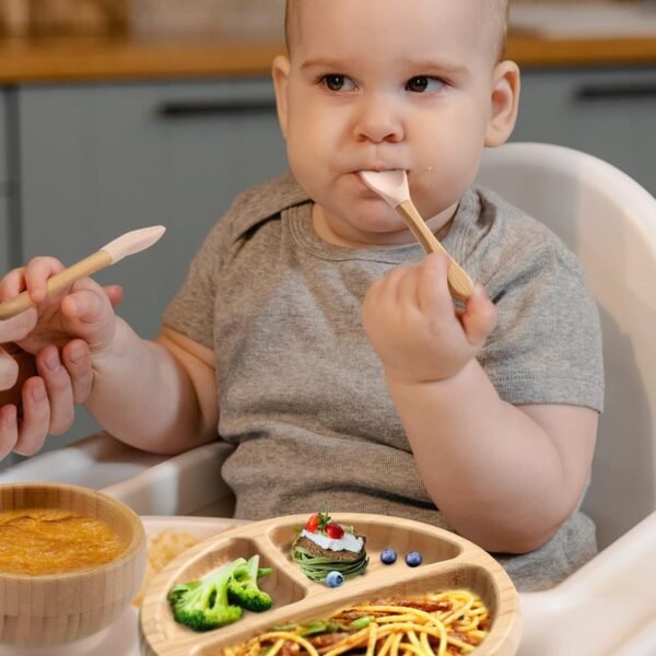 Toddler Bamboo Plates, Bowls and Spoon Set, Wooden Feeding Utensils for Infant’s Easy Self Eating at 1 Stage, Stay Put Silicone Suction Plate and Bowl and Soup Spoon for Baby Led Weaning - Image 5