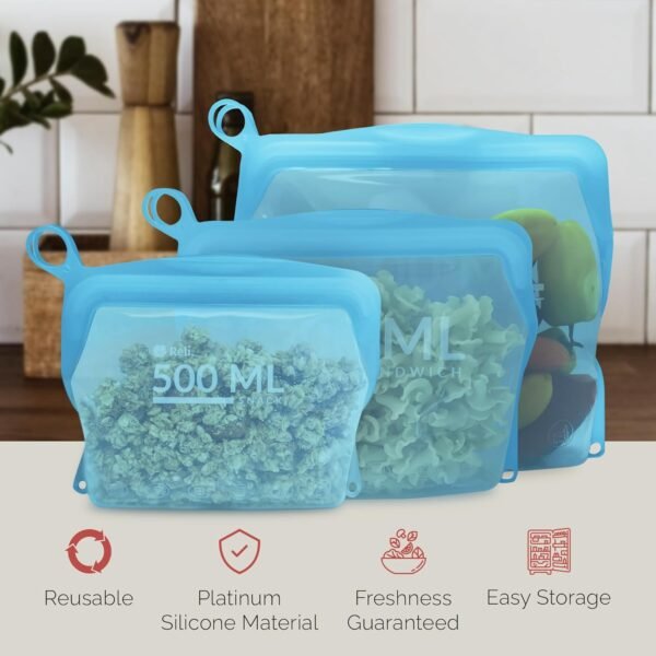 Reli. Reusable Silicone Bags (3 Pack, Multi-Size) | 1 Snack, 1 Sandwich, 1 Gallon - Aqua | Silicone Bags for Food Storage | Reusable Food Storage Bags for Food, Meal Prep | Dishwasher/Freezer Safe - Image 2