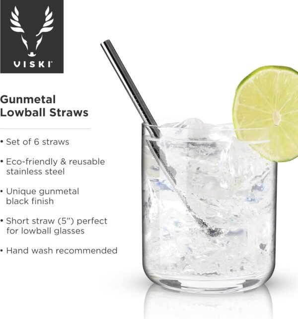 Viski Stainless Steel Straws for Cocktails - Eco-Friendly Reusable Metal Straws - Black Gunmetal 5in Set of 6 - Image 2