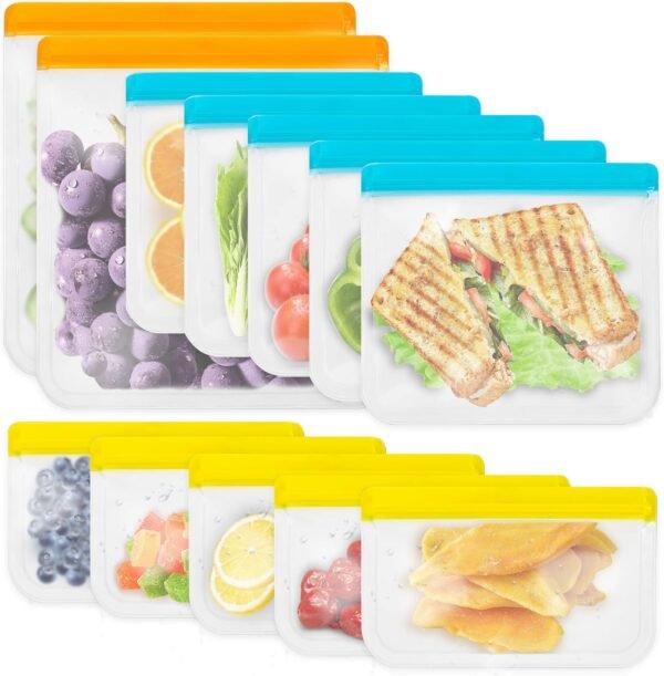 ENLOY 12 Pack Reusable Food Storage Bags, BPA Free PEVA Reusable Freezer Bag, 2 Gallon & 5 Sandwich & 5 Snack Size Bags, Leakproof Freezer Bag for Liquid Lunck Sandwich Marinate Meat Fruits Vegetable