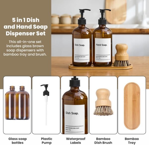 SIDIQI Design Glass Soap Dispenser Set of 2 with Plastic Pumps, Bamboo Tray, Brush & Labels - Ideal for Bathroom & Kitchen Countertop - 500ml/17 Oz - Image 3