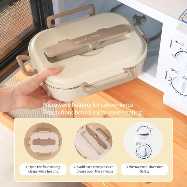 Bento Box,1000ml Stainless Steel Lunch Box,Versatile 3-Compartment Portable Lunch Box Container-Salad Lunch Containers for Adults/Kids with Spoon Fork Thermos Bag Accessories (Khaki) - Image 7