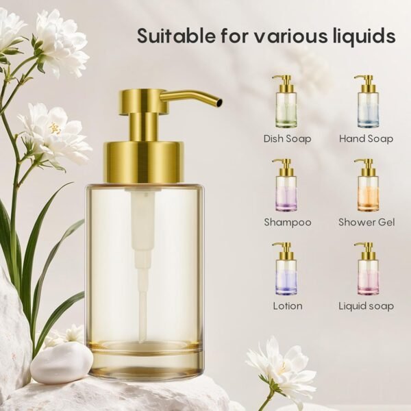 Glass Soap Dispenser with Stainless Steel Pump 2 Pack,12oz Thick Glass Gold Hand Liquid Soap Dispenser Bathroom,Dish Amber Soap Dispenser,Clear Soap Dispenser for Bathroom,Kitchen - Image 5