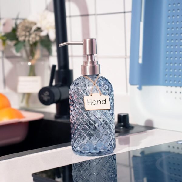16 Oz Refillable Soap Dispenser with Rustproof Stainless Steel Pump for Kitchen and Bathroom - Liquid Glass Dispenser for Hand Soap, Lotion (Blue) - Image 2
