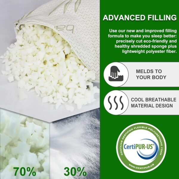 JJDANFILL Rayon Derived from Bamboo Pillow for Sleeping, Shredded Memory Foam Pillow Standard Size Set of 2, Adjustable Cooling Bed Pillow for Side Back Stomach Sleeper with A Washable Cover 20x26 - Image 3