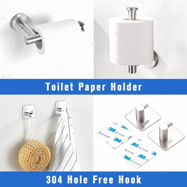 Bathroom Hardware Set, 16" Matte Silver Bathroom Accessory Set, 5 Pieces Hand Towel Bar Set Wall Mounted, Including 16" Hand Towel Bars, Toilet Paper Holders, Robe Towel Hooks Silvery - Image 4
