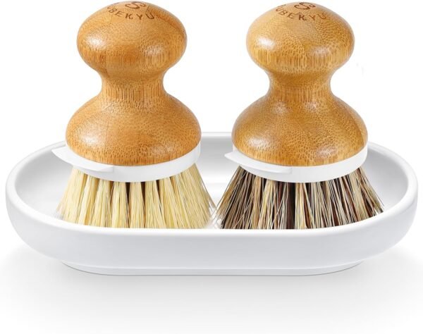 SUBEKYU Dish Brush, Bamboo Dish Scrubber Brush Set with Tray, Natural Kitchen Dishwashing Scrub Brush for Cleaning Dishes/Pans/Pots, Built-in Scraper, Natural Sisal + Palm Bristles, Set of 2